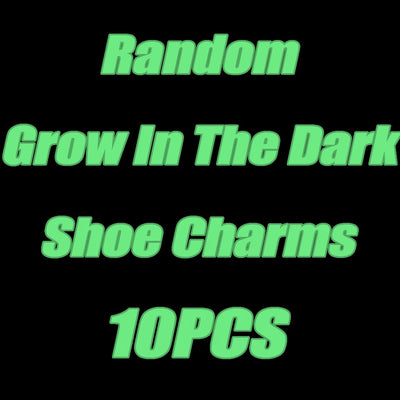 Text on a black background indicating 'Random Grow In The Dark Shoe Charms 10PCS' in green.