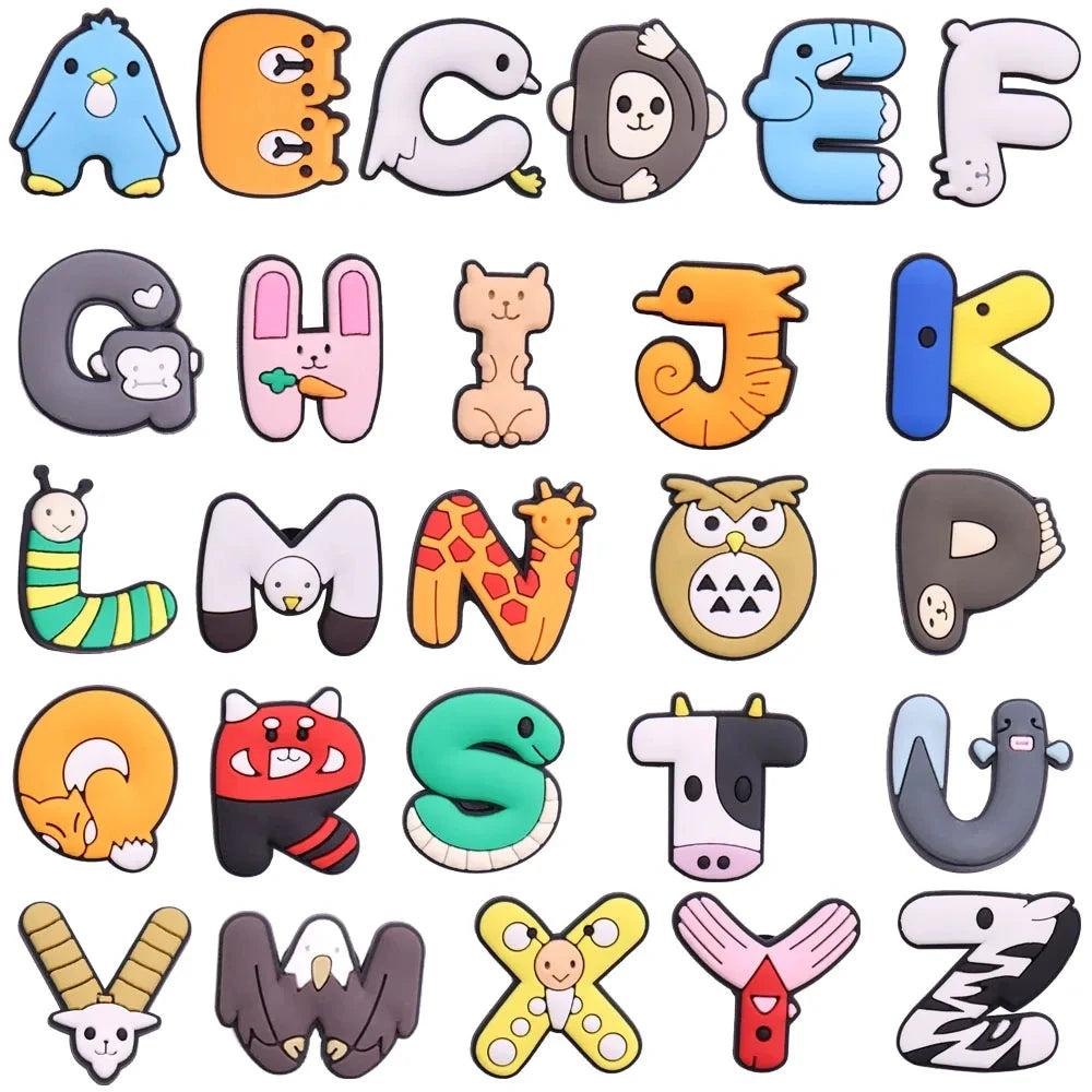 shoe charms Alphabet letters with animal designs on a white background