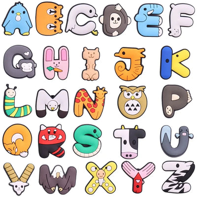 shoe charms Alphabet letters with animal designs on a white background