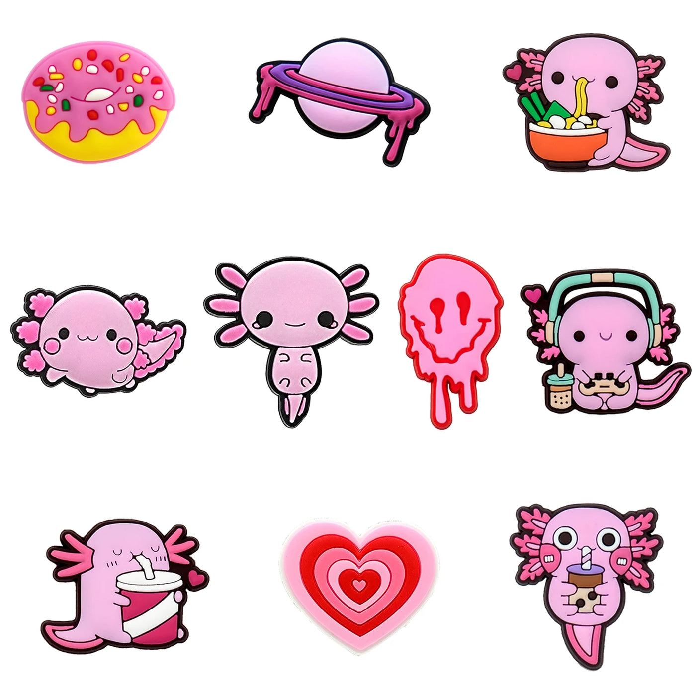 Set of colorful cartoon shoe charms featuring axolotls and a heart on a white background