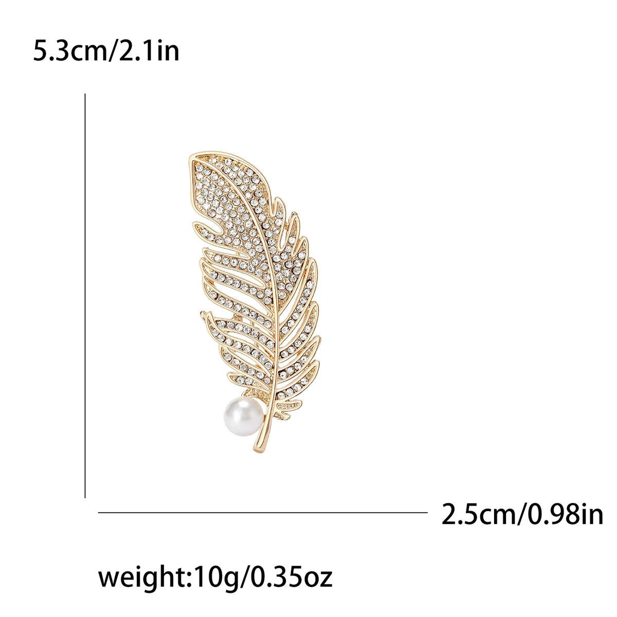 Gold feather-shaped brooch with pearl accent and measurement details on a white background