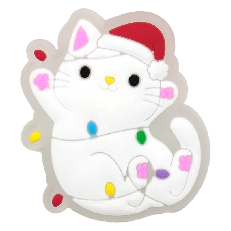 Cartoon cat with colorful spots and a red hat on a white background