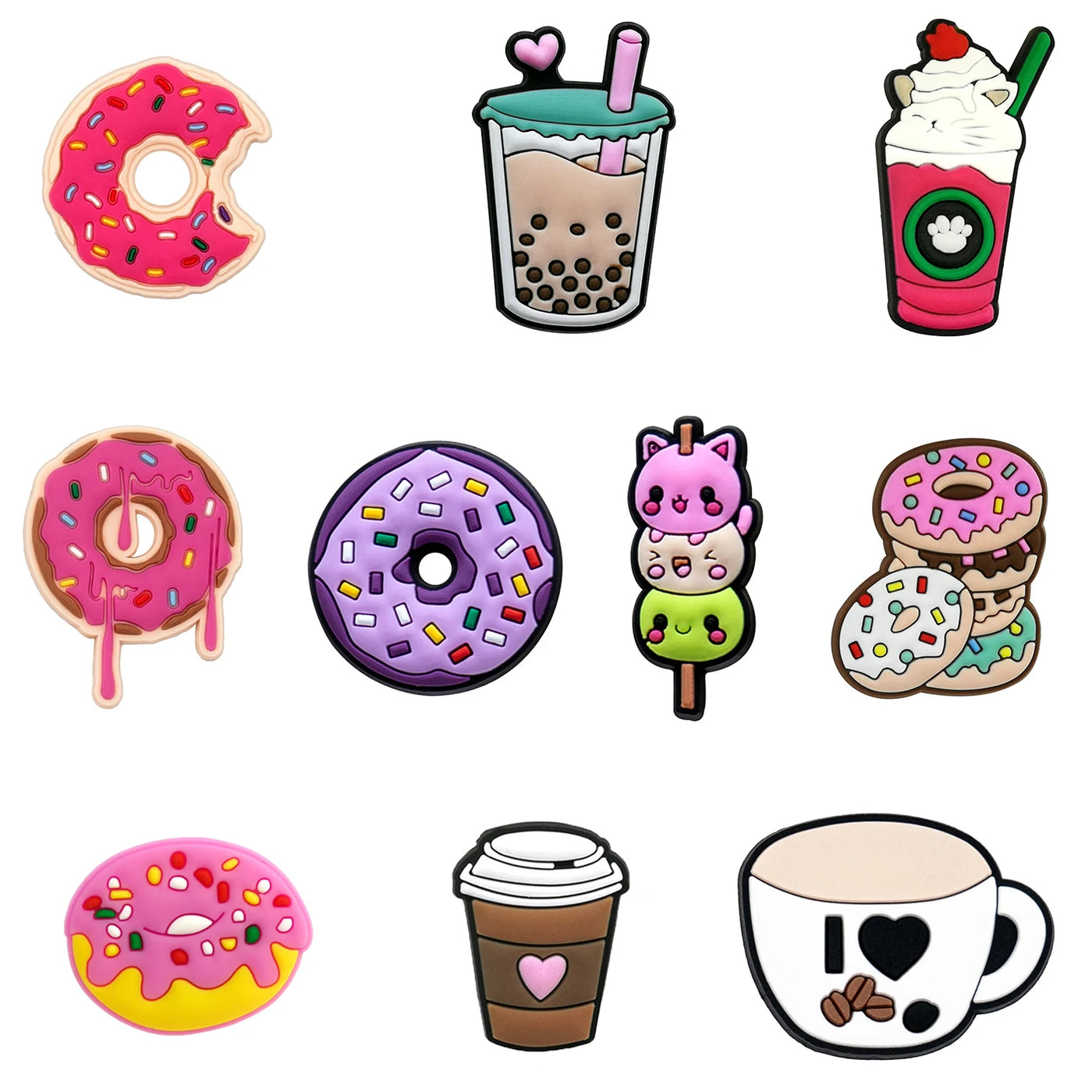 Set of colorful food and drink shoe charms on a white background