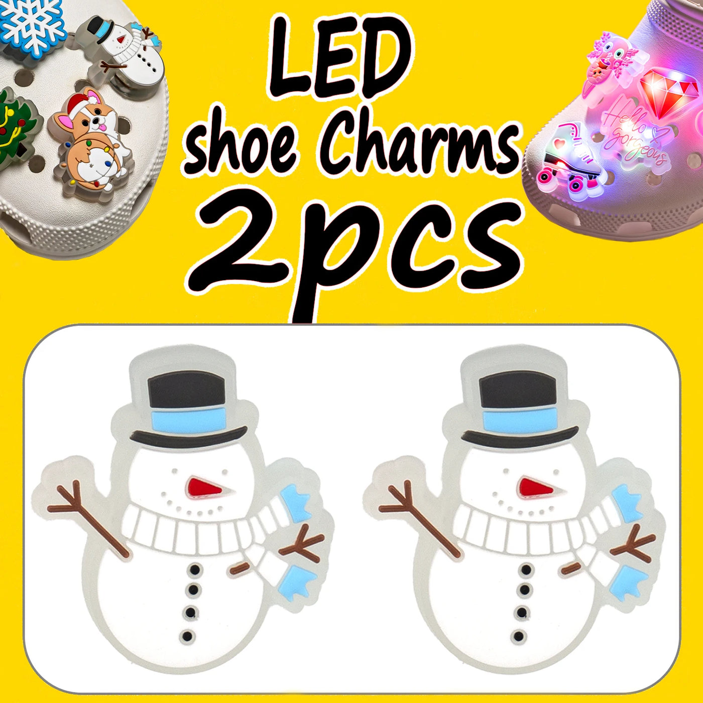LED shoe charms with snowman design on a yellow background