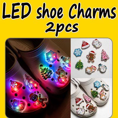 LED shoe charms with colorful lights on shoes and a display of various charms against a yellow background.