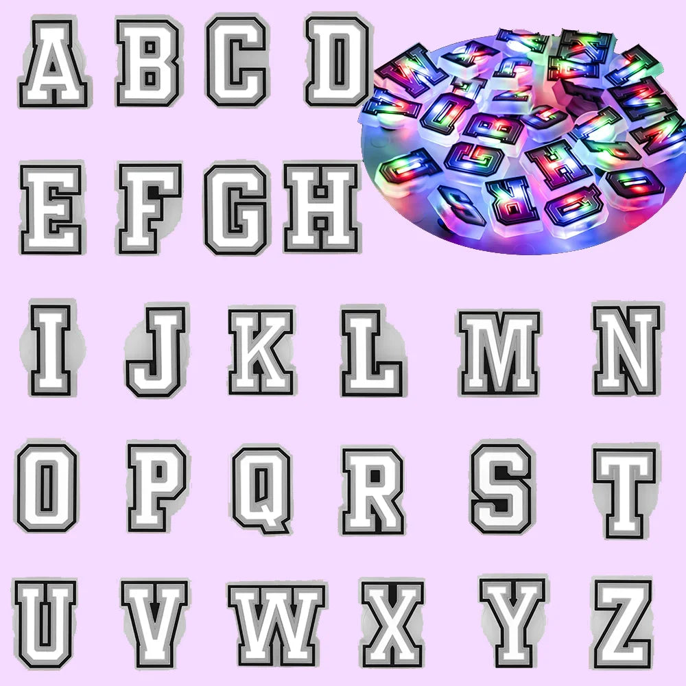 shoe charms Alphabet letters A to Z with a LED light strip on a pink background