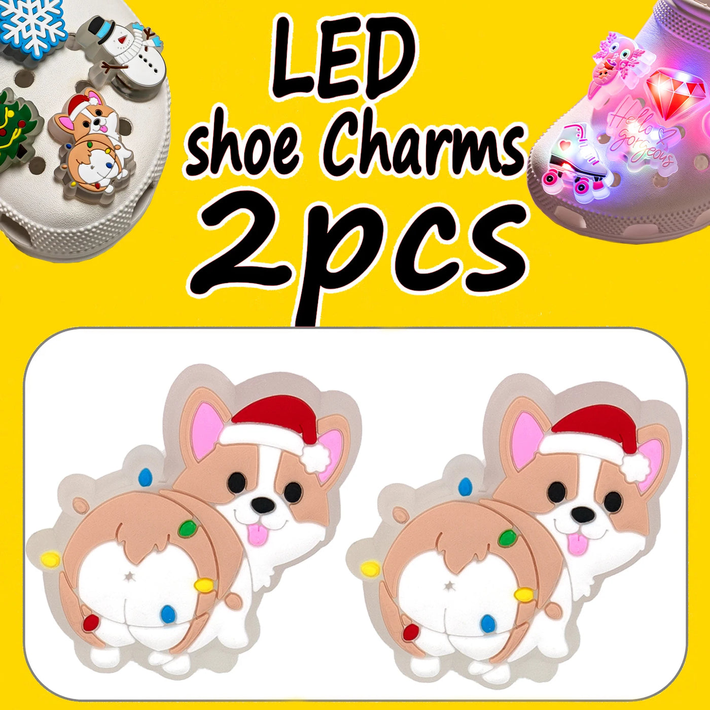LED shoe charms with dog design on a yellow background