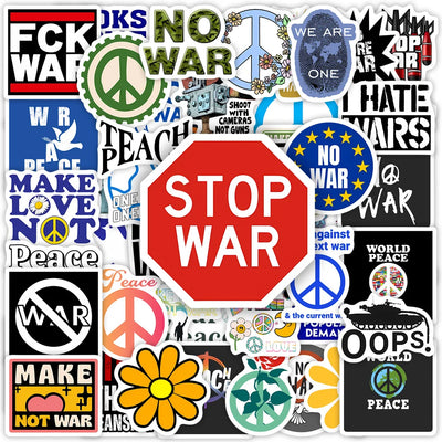 Collection of anti-war and peace-themed stickers on a white background