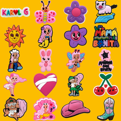 Collection of colorful cartoon characters shoe charms on a yellow background with 'Karlo G' and 'Lilá Máña Mas Bonita' text.