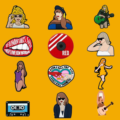 Collection of illustrated shoe charms featuring people, objects, and text on a yellow background