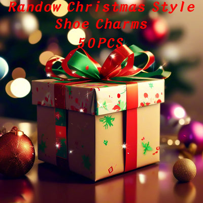 Decorative box with a red and green bow 50 Christmas shoe charms on a festive background with Christmas lights and ornaments.