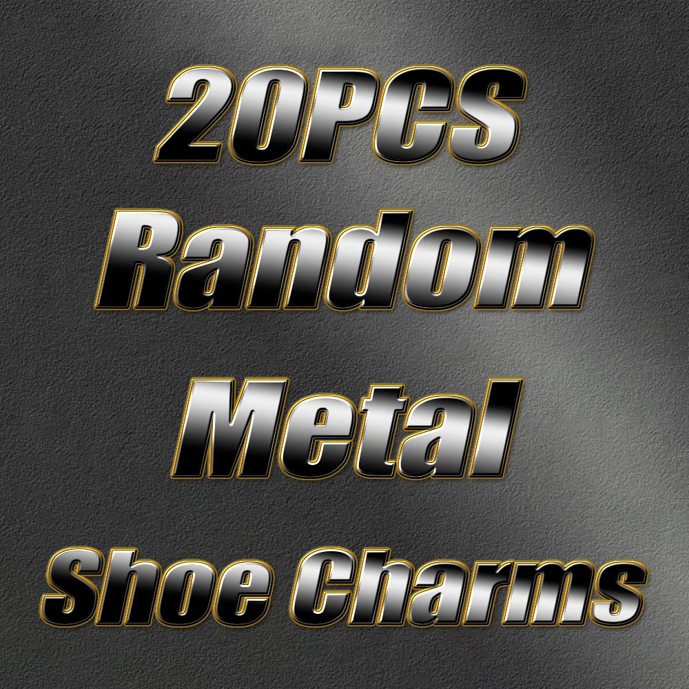 Text on a dark background indicating '20PCS Random Metal Shoe charmsCharms'.