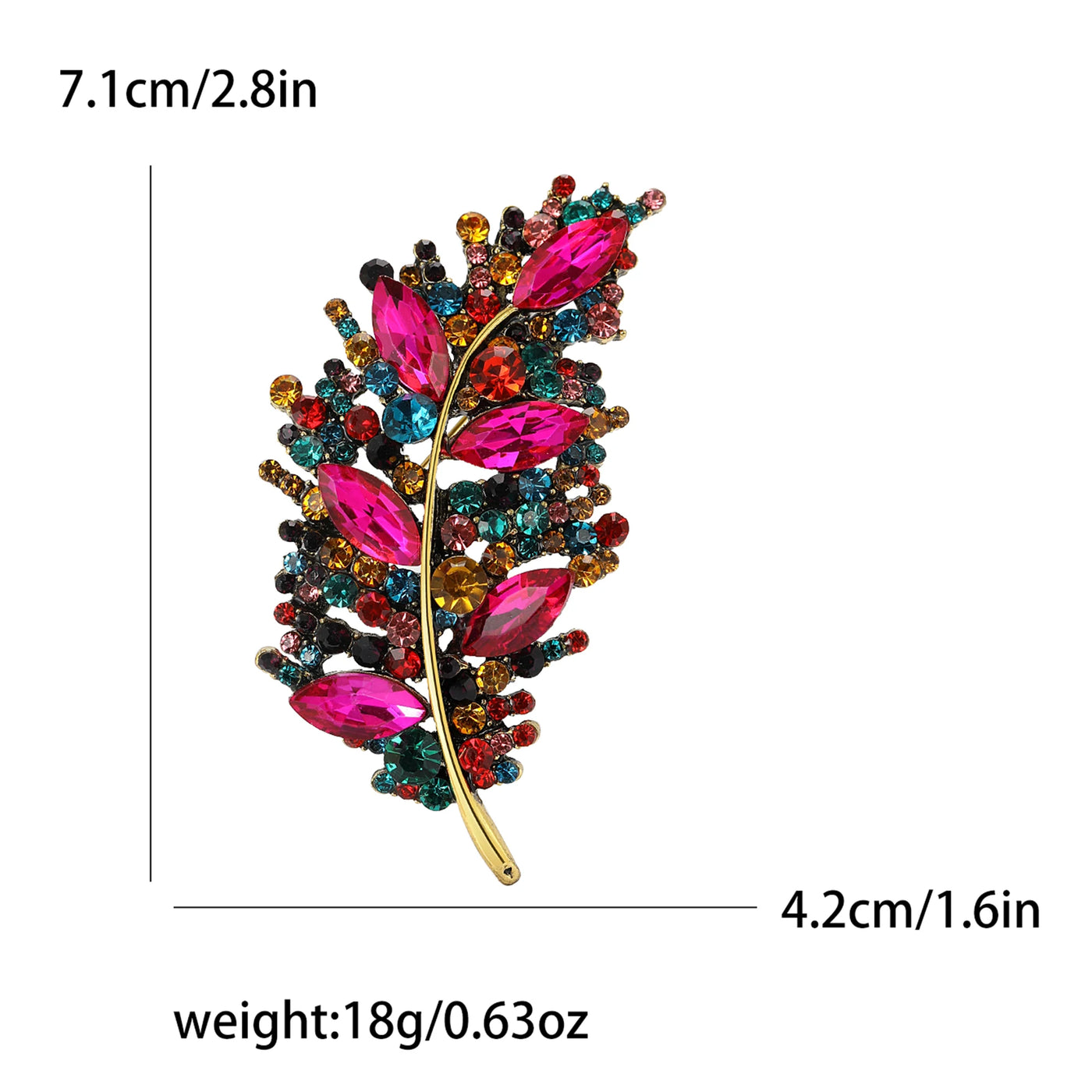 Colorful leaf-shaped brooch with measurements and weight displayed