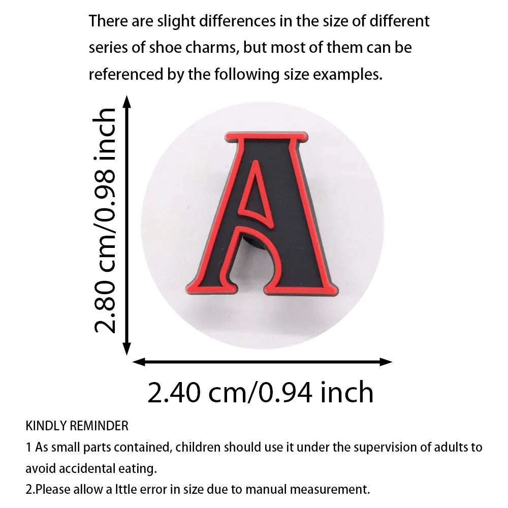 Shoe charm with letter 'A' design, size measurement, and safety reminder text.