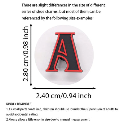 Shoe charm with letter 'A' design, size measurement, and safety reminder text.