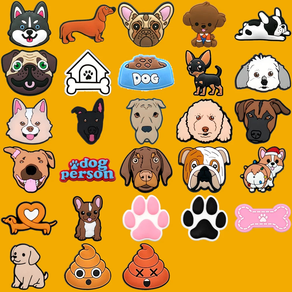 Collection of cartoon dog shoe charms on a yellow background with 'dog person' branding.