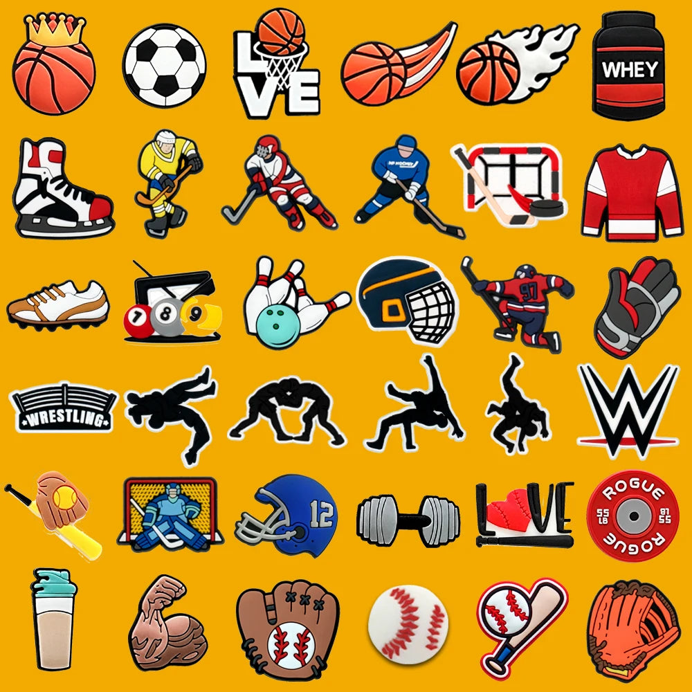 Collection of sports-themed shoe charms  on a yellow background