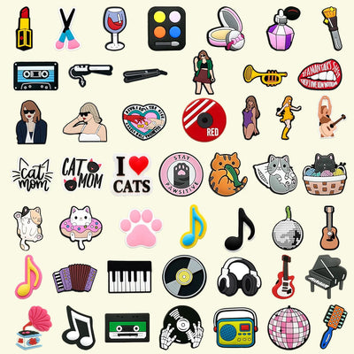 Collection of various shoe charms on a beige background 