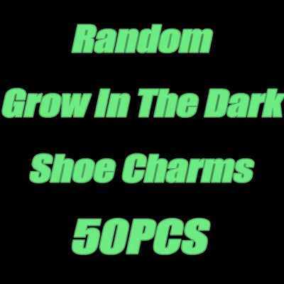 Text on a black background describing random grow-in-the-dark shoe charms with 50 pieces.