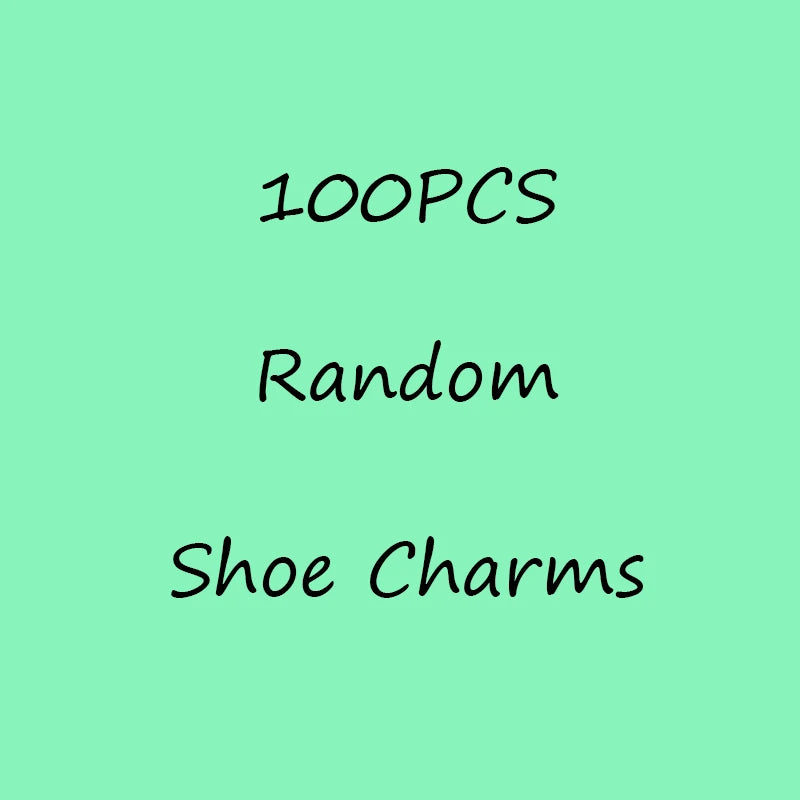 Text '100PCS Random Shoe Charms' on a light green background