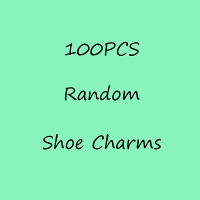 Text '100PCS Random Shoe Charms' on a light green background