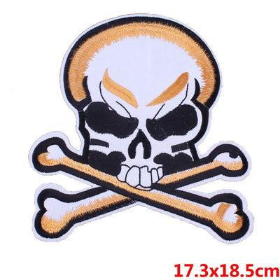 Skull and crossbones patch with size label on a white background