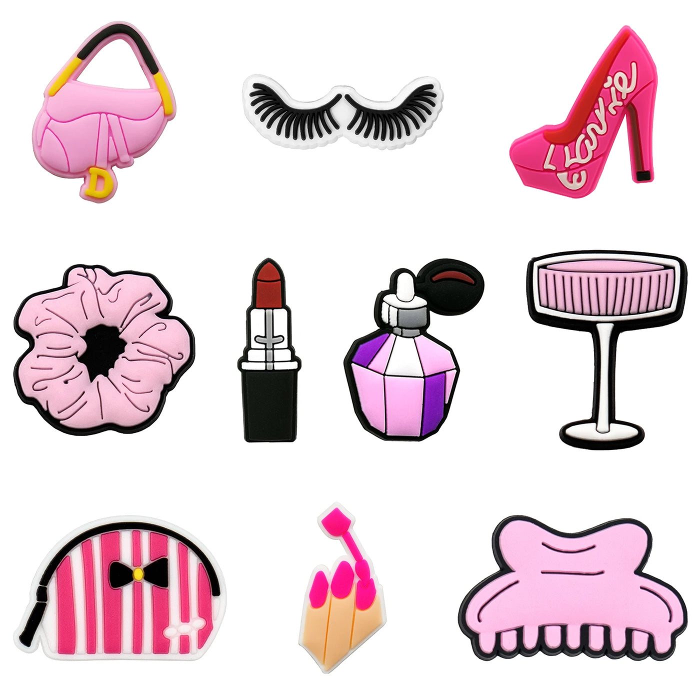 Collection of pink and black beauty product-themed shoe charms on a white background