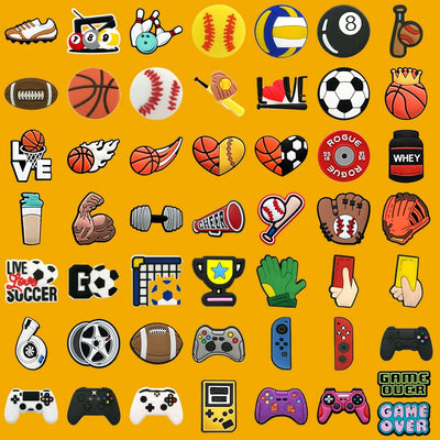 Collection of sports-themed and gaming-themed shoe charms on a yellow background