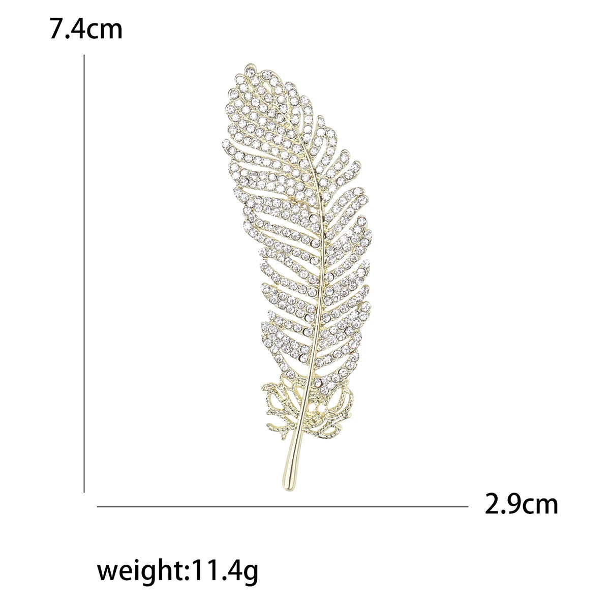 Decorative feather with measurements and weight on a white background