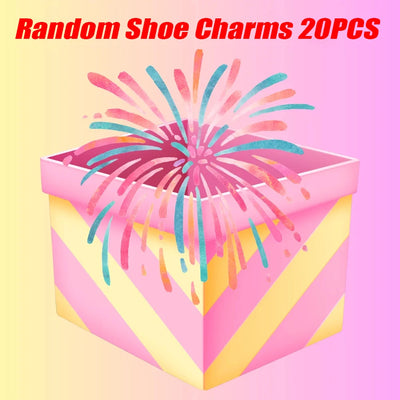 Colorful shoe charm packaging with 'Random Shoe Charms 20PCS' text on a pink and yellow background.