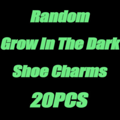 Text on a black background describing 'Random Grow In The Dark Shoe Charms' with '20PCS'.