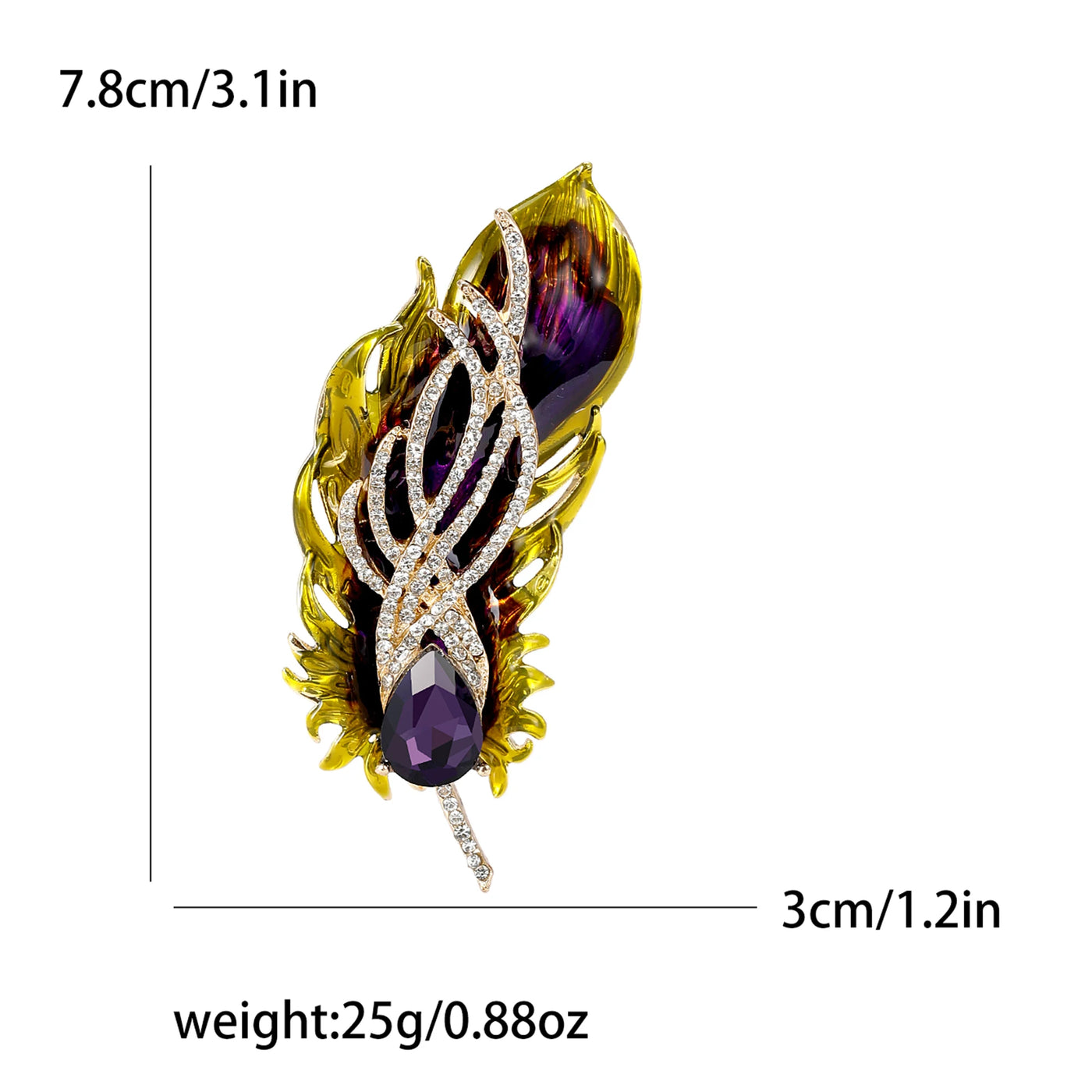 Jewelry brooch Colorful feather-shaped with measurements and weight displayed