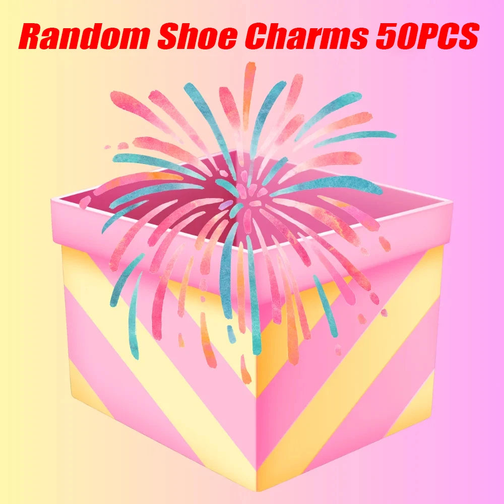 Colorful shoe charm box with 'Random Shoe Charms 50PCS' text on a pink background