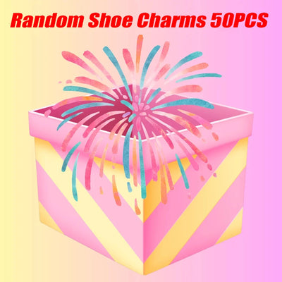 Colorful shoe charm box with 'Random Shoe Charms 50PCS' text on a pink background