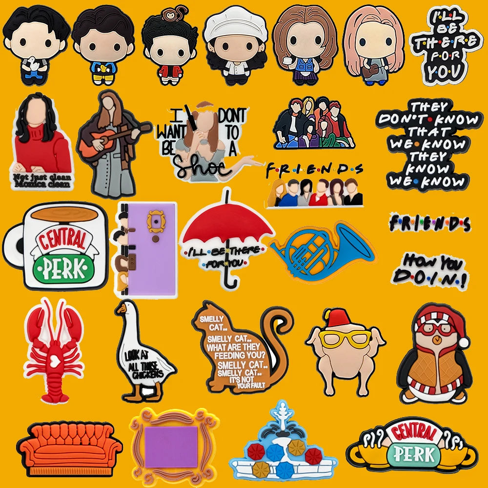Collection of 'Friends' themed Shoe charms on a yellow background