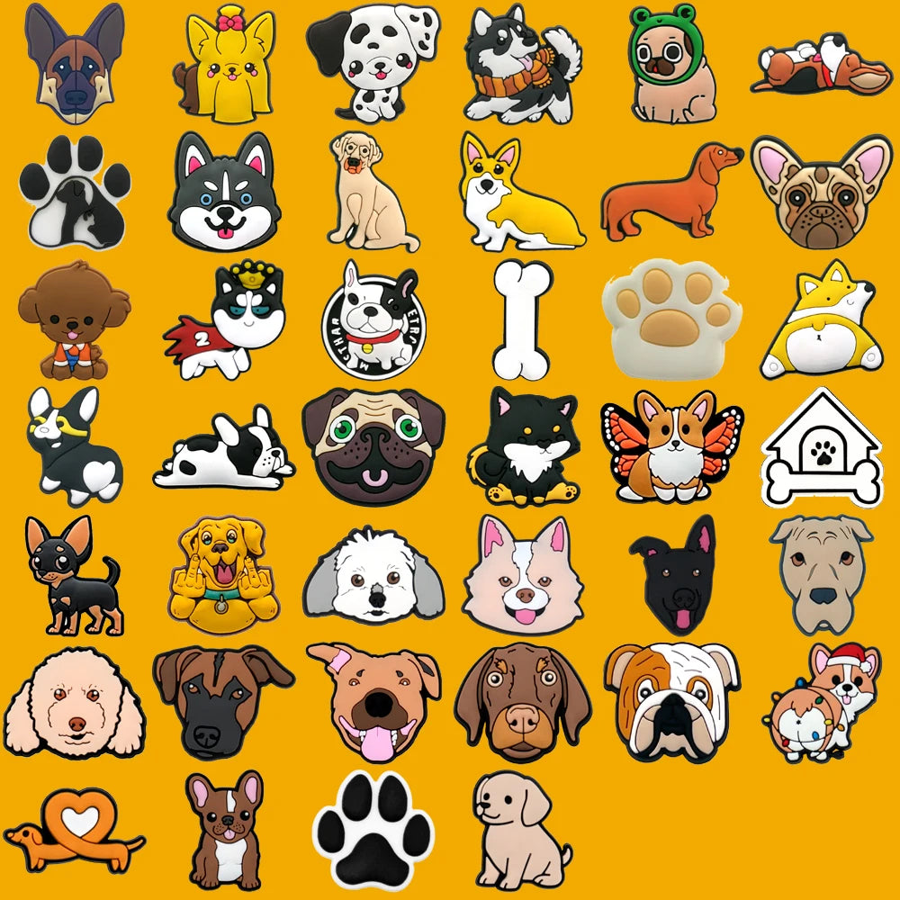 Collection of cartoon dog shoe charms on a yellow background