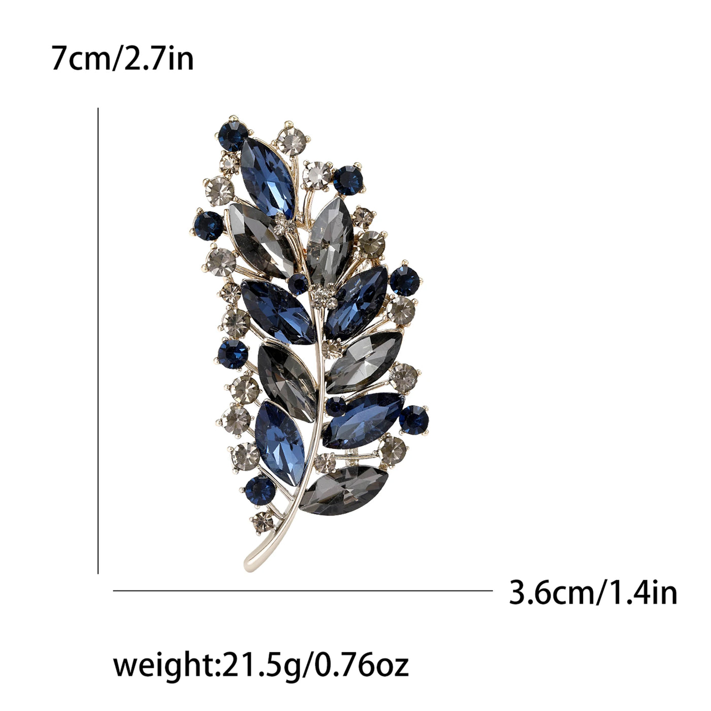 Jewelry brooch with blue and silver leaves and measurements on a white background