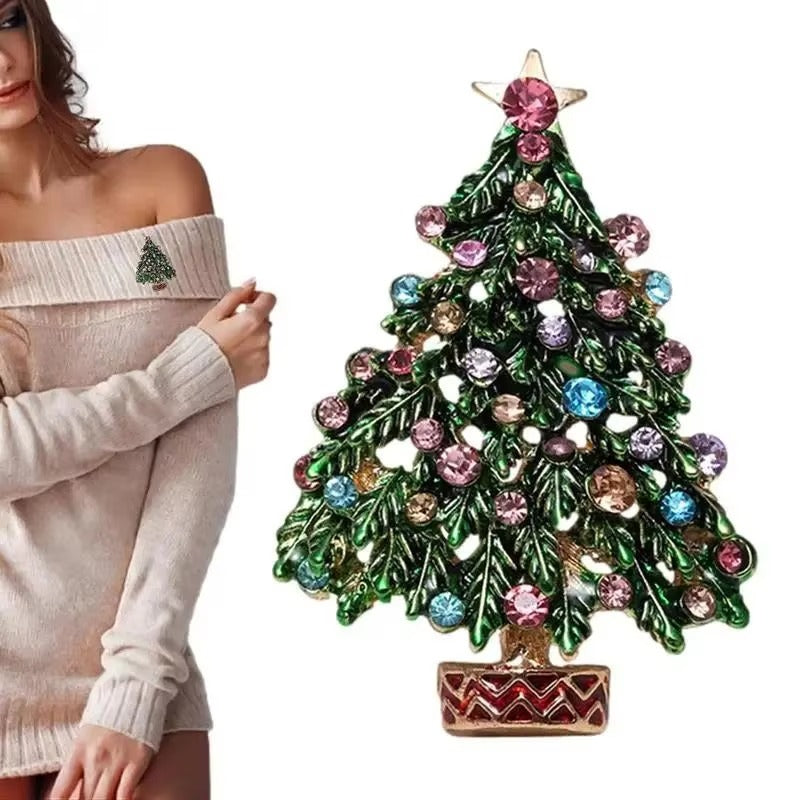 Colorful Christmas tree-shaped brooch and a woman wearing it on a white background