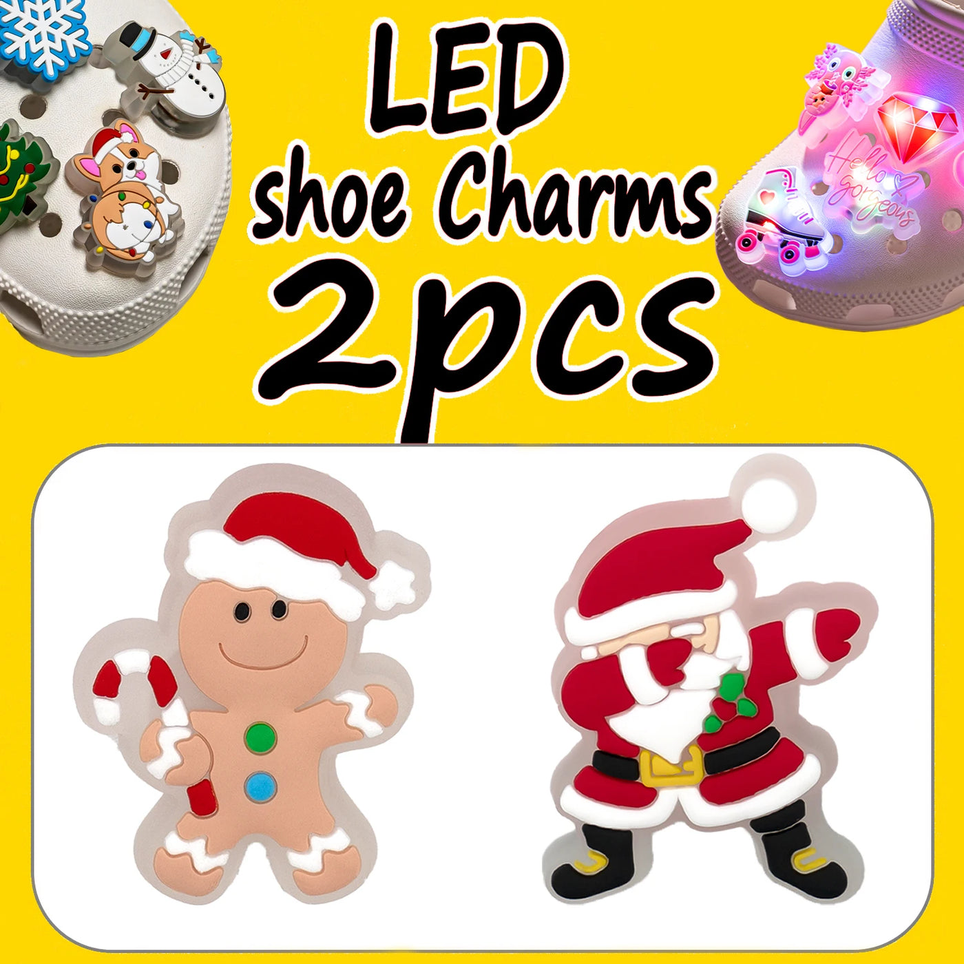 LED shoe charms with Santa Claus and gingerbread man designs on a yellow background.