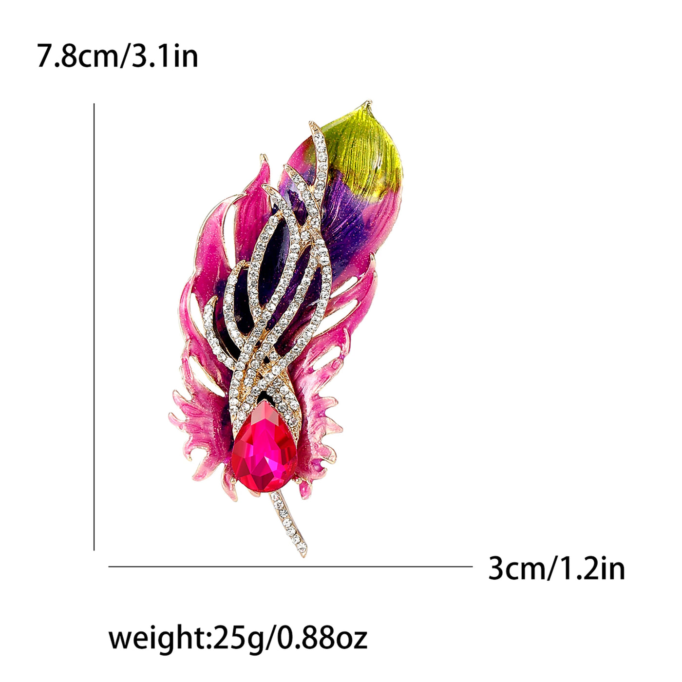 Colorful feather-shaped brooch with measurements and weight displayed
