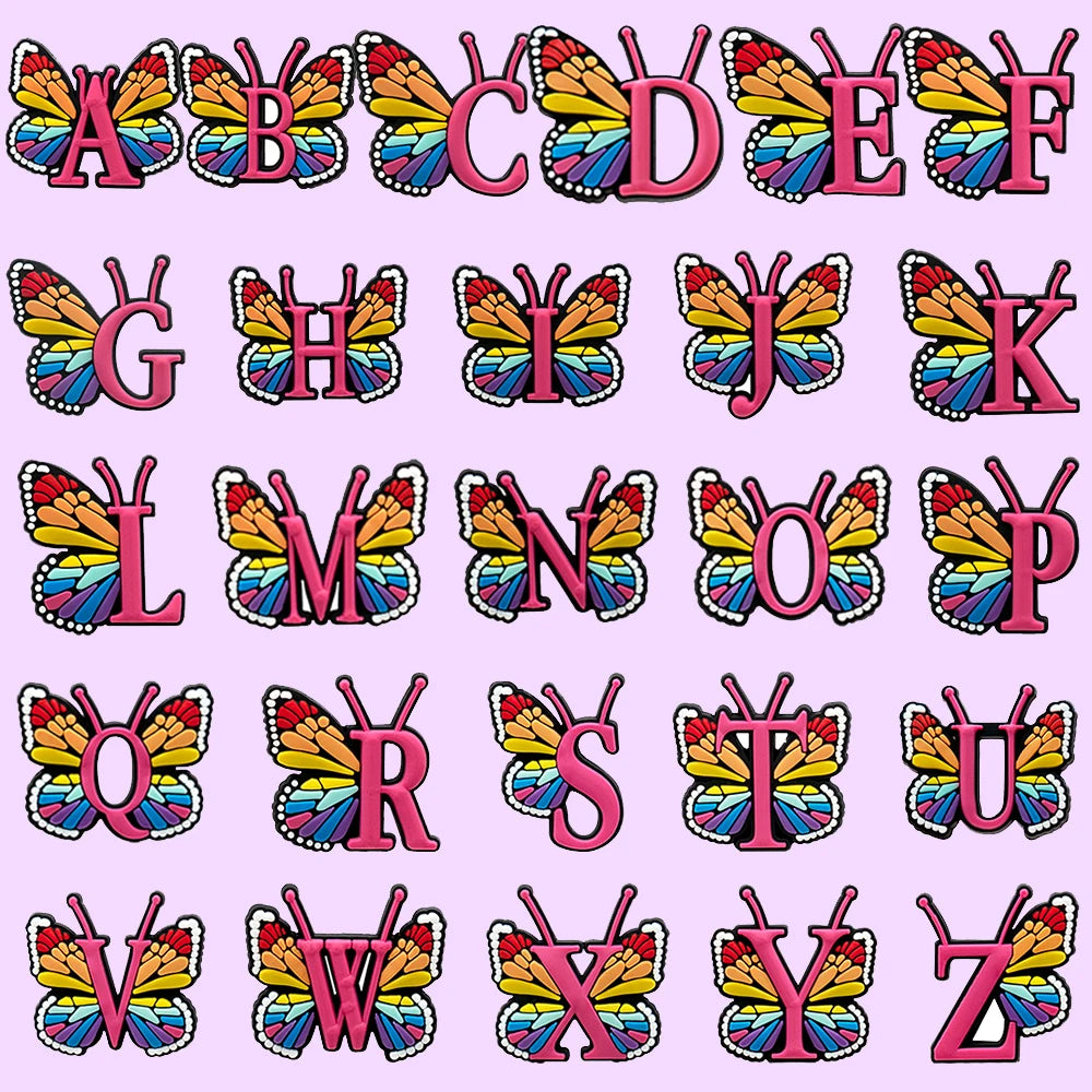 shoe charms Colorful butterfly-shaped letters of the alphabet on a pink background