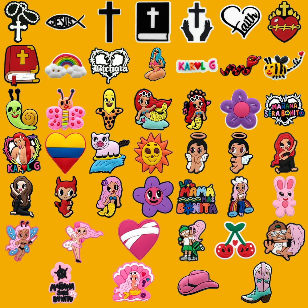 Collection of colorful shoe charms with various designs on a yellow background