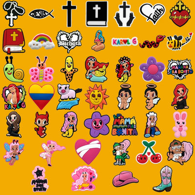 Collection of colorful shoe charms with various designs on a yellow background