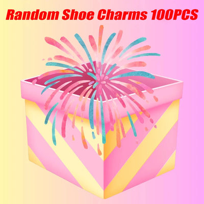 Colorful shoe charm packaging with a box and multicolored charms on a pink background.