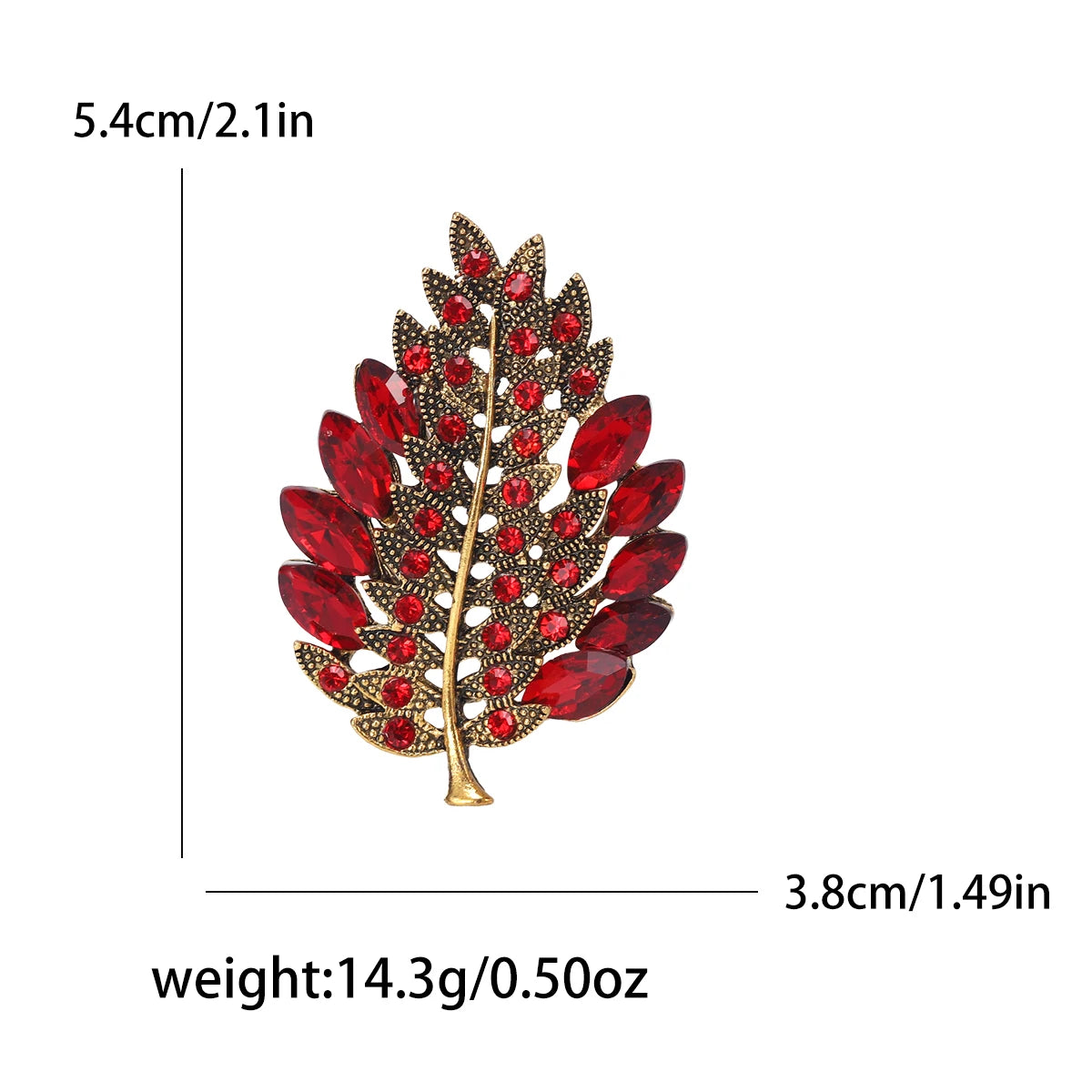 Red leaf-shaped brooch with gold accents and measurements on a white background