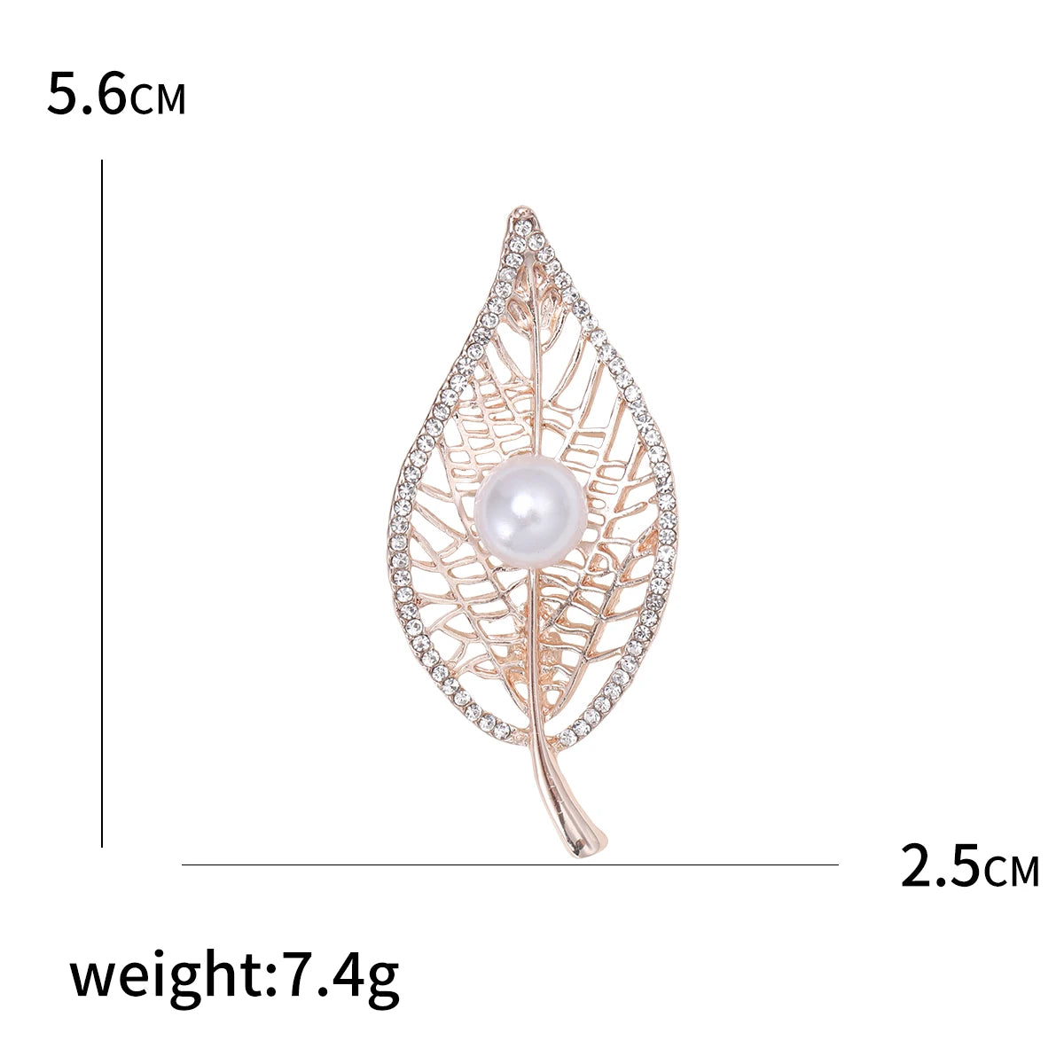 Leaf-shaped brooch with pearl center and rose gold finish, shown with measurements on a white background.