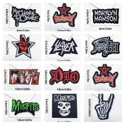 Collection of music band logos as patches with sizes on a white background