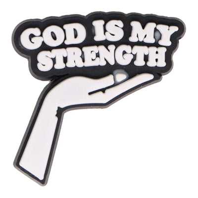 Charm with 'God is my strength' text and a hand design on a white background
