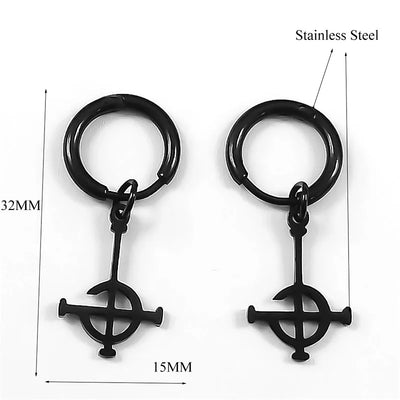 Black earrings with cross designs on a white background, showing measurements.