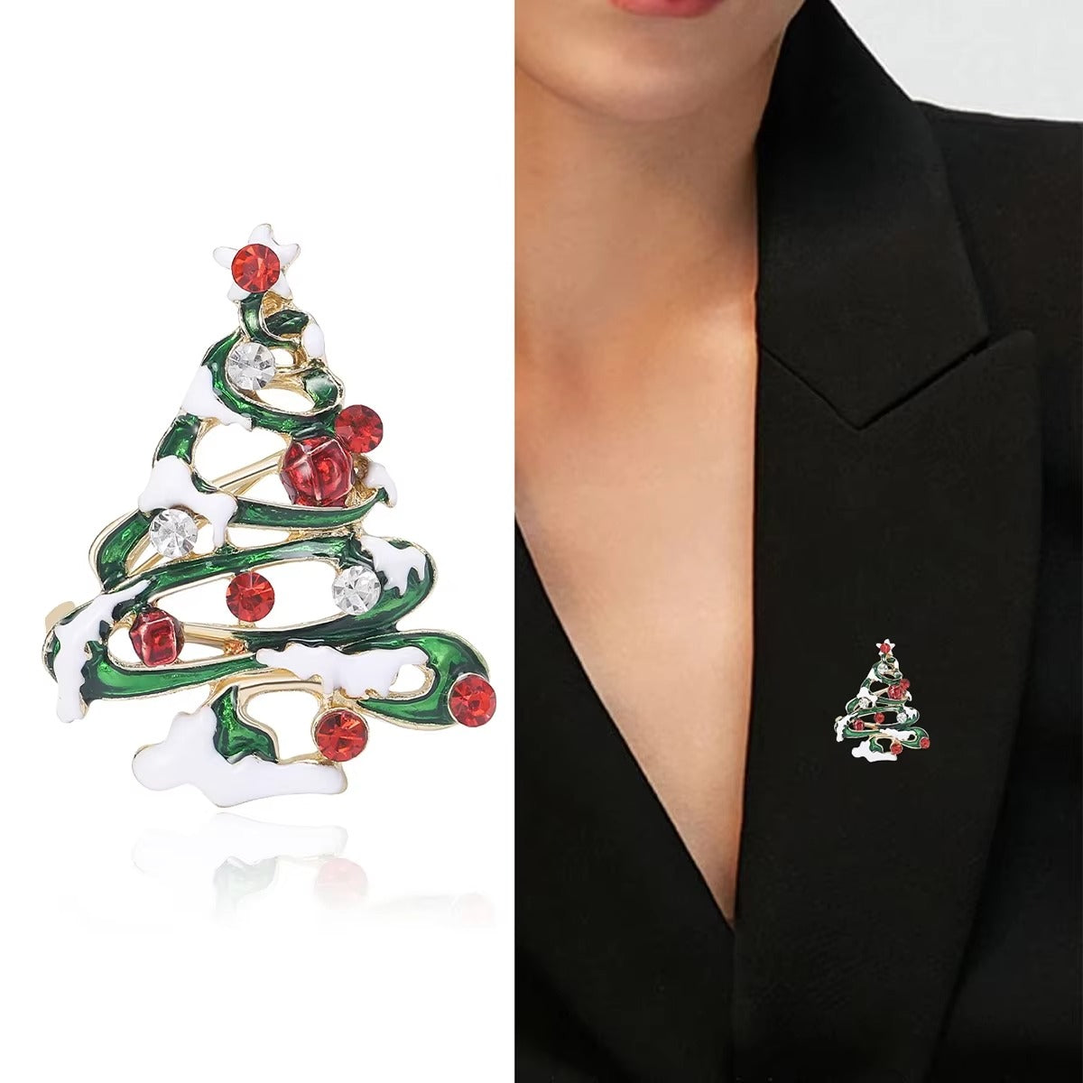 woman wearing a Christmas tree-shaped brooch on a black blazer